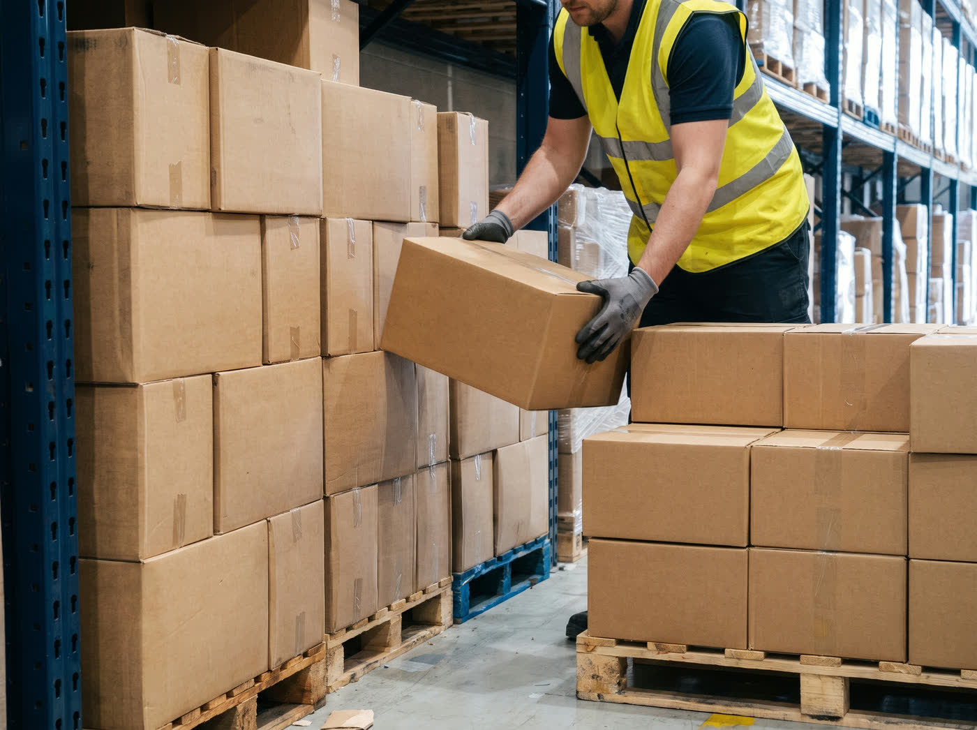 A warehouse worker in a hi-vis vest lifting a plain corrugated case from a rack pick face onto a pallet.