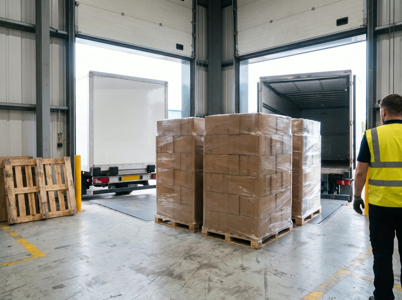 Stretch-wrapped pallets staged on the warehouse floor in front of open dock doors with trailers backed in.