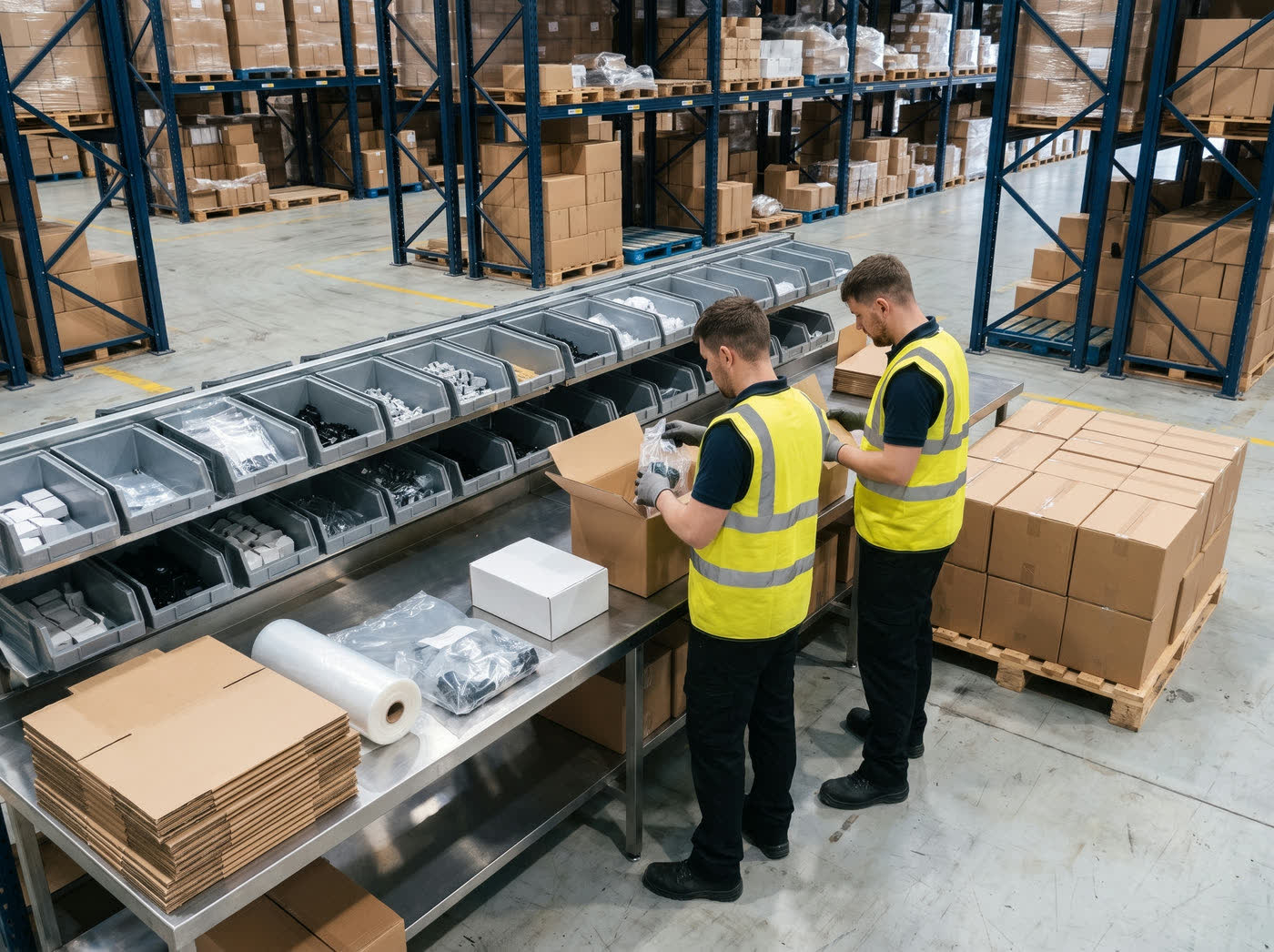 Two workers at a kitting bench assembling components from parts bins into corrugated cartons.